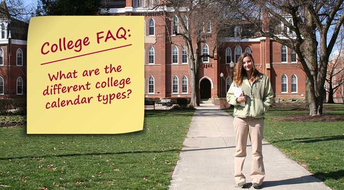 Student in front of college asking What are the different college calendar types?