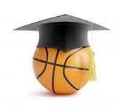Basketball and mortar board representing college athletics scholarships