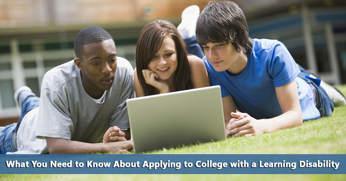 Three students reclining on grass, engaging with a laptop together, with an educational caption about applying to college with a learning disability.