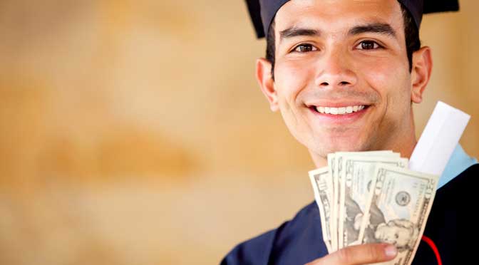 College graduate with money representing institutional aid