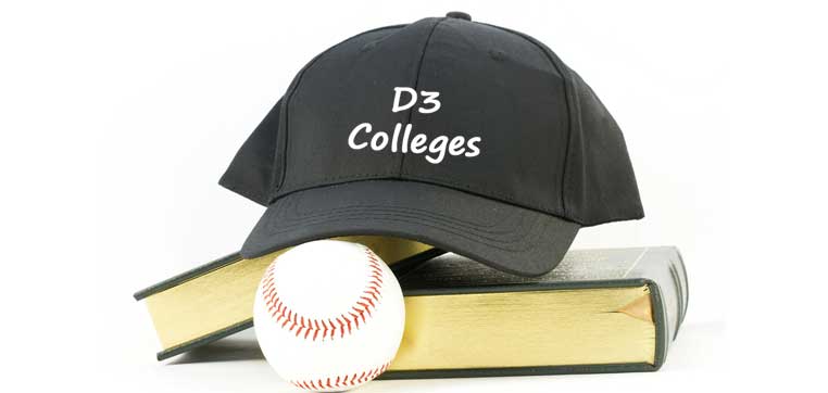 Books, baseball, and hat with text D3 Colleges