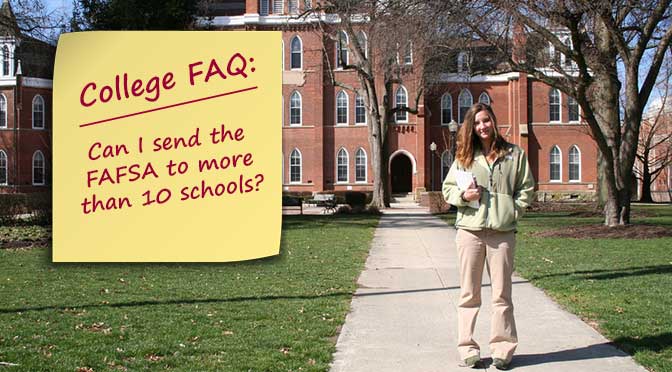 A person stands on a college campus pathway holding notebooks. A sticky note reads, "College FAQ: How to add more than 10 schools to FAFSA?