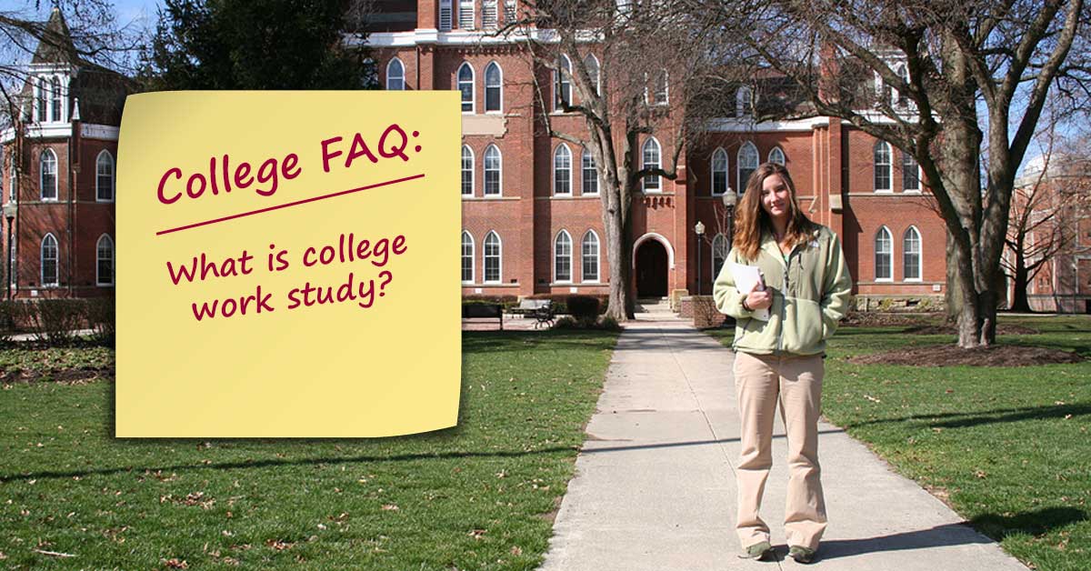girl on college campus with note asking what is college work study