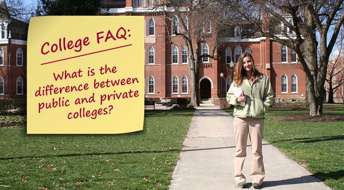Student in front of college asking What is the difference between public and private colleges?