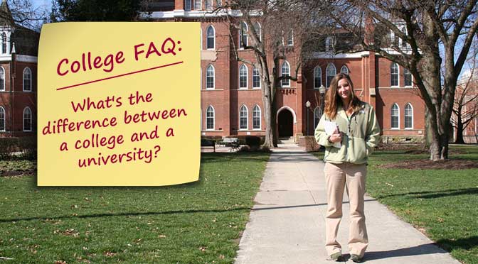 A student stands on a path in front of a brick building on a college campus. A sticky note reads: "College FAQ: What's the difference between a college and a university?" The scene captures the essence of academic curiosity and exploration.