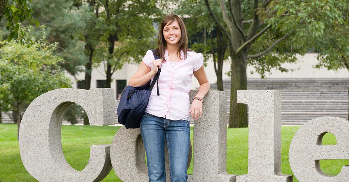 student standing in front of word college representing most epensive colleges