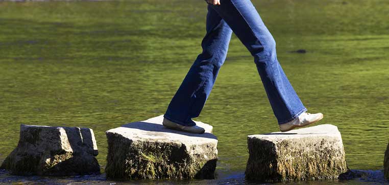 person walking on stepping stones representing steps to a smarter college list