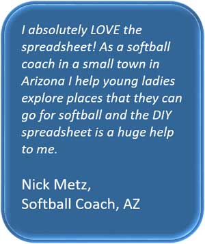 I absolutely LOVE the spreadsheet! As a softball coach in a small town in Arizona I help young ladies explore places that they can go for softball and the DIY spreadsheet is a huge help to me. Nick Metz, Softball Coach, AZ 