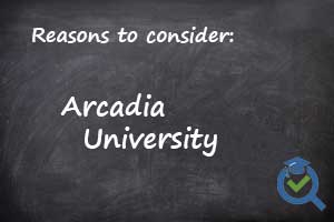 chalk board with text reasons to consider arcadia university