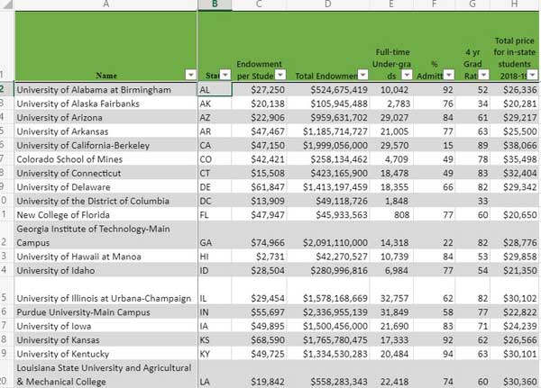 Link to spreadsheet with public colleges with largest endowments by state