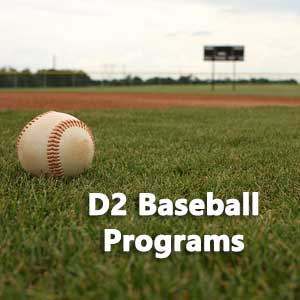 Baseball on a field representing list of D2 baseball programs