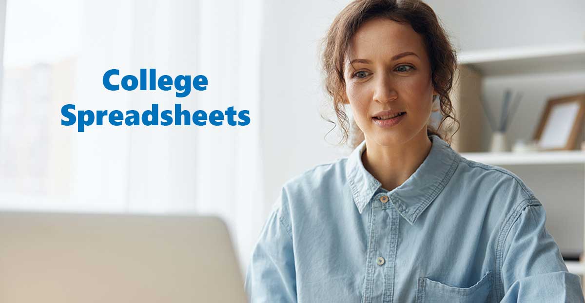 Woman looking at a college spreadsheet on a laptop